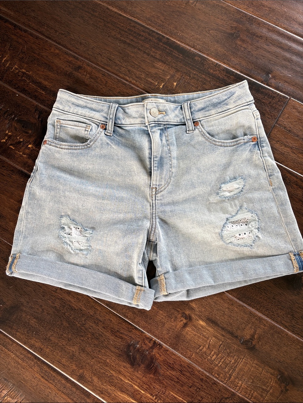 Maurices Light Blue Distressed Cuffed Denim Shorts. Stretch!